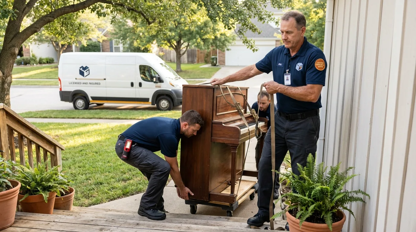 Licensed piano movers securing grand piano in Bozeman, MT