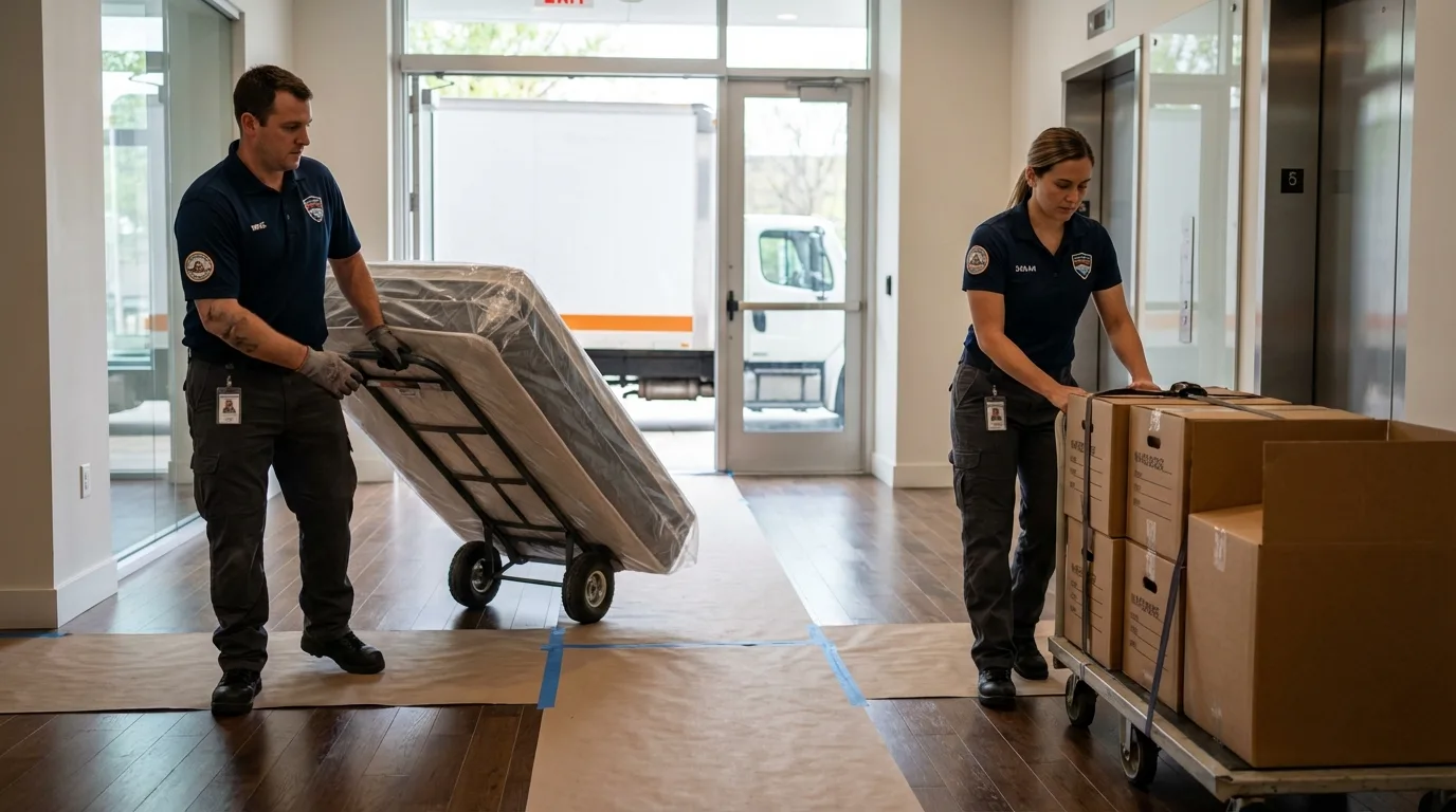 Professional apartment movers loading elevator in Bozeman, MT